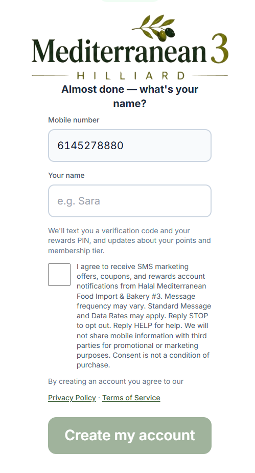 In-store kiosk enrolment screen showing the shopper's mobile number, name field, unchecked SMS marketing consent checkbox with STOP and HELP instructions, Privacy Policy and Terms of Service links, and Create my account button